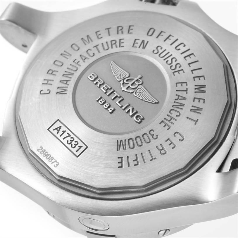 The image shows the back case of a Breitling Avenger A17331 Men's Stainless Steel Black Dial A17331 Men's Stainless Steel Black Dial watch, featuring the brand's logo and model information.