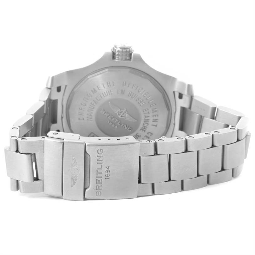 The image shows the clasp and case back of a Breitling Avenger A17331 Men's Stainless Steel Black Dial A17331 Men's Stainless Steel Black Dial watch from a rear angle.