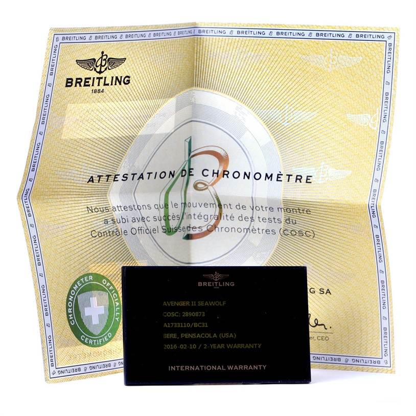 The image shows the certification and warranty card for a Breitling Avenger A17331 Men's Stainless Steel Black Dial A17331 Men's Stainless Steel Black Dial model watch.