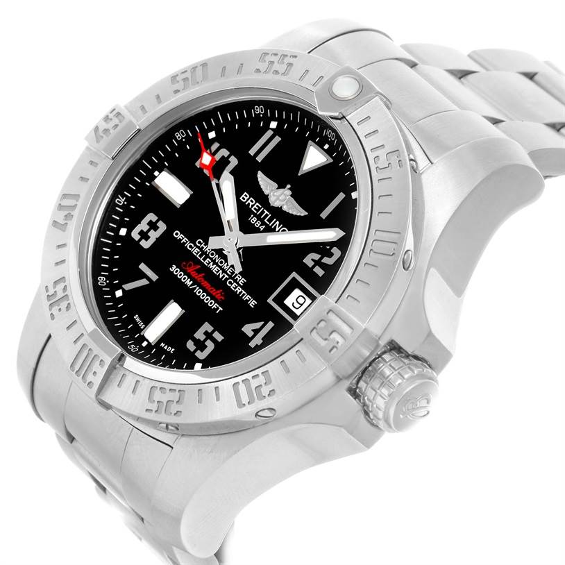 The image shows a side and slightly angled front view of the Breitling Avenger A17331 Men's Stainless Steel Black Dial A17331 Men's Stainless Steel Black Dial watch, highlighting the dial, bezel, and bracelet.