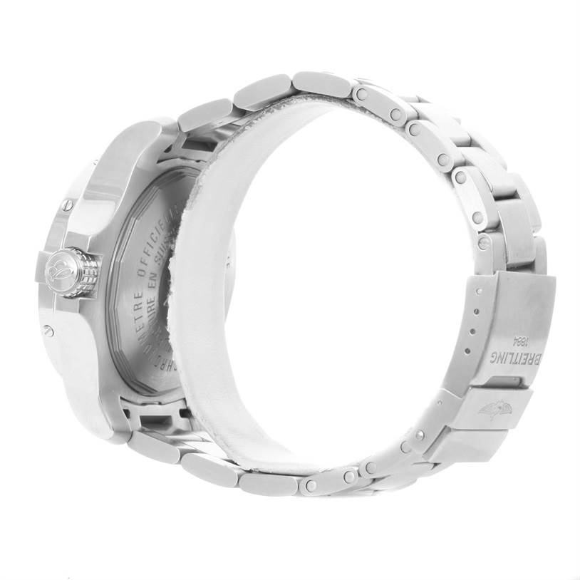 The image shows the back and side of a Breitling Avenger A17331 Men's Stainless Steel Black Dial A17331 Men's Stainless Steel Black Dial watch, focusing on the case back, crown, and metal bracelet.