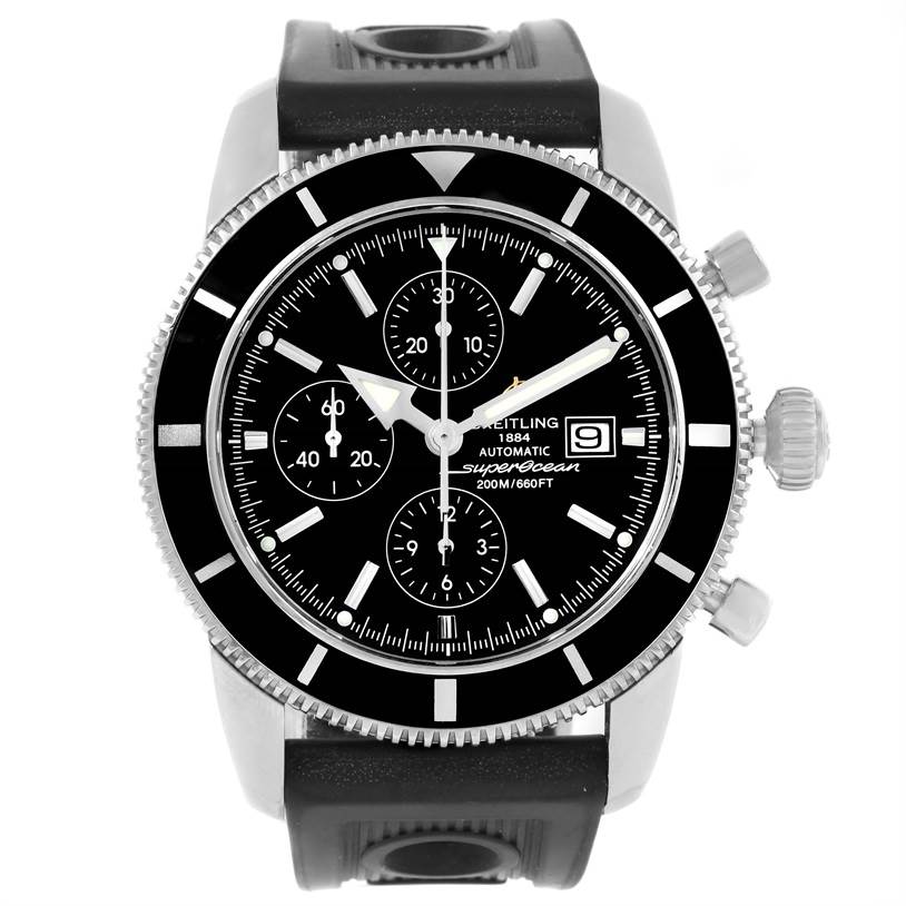 This image shows a frontal view of a Breitling Superocean A13320 Men's Stainless Steel Black Dial A13320 Men's Stainless Steel Black Dial watch, displaying the dial, hands, crown, and strap.