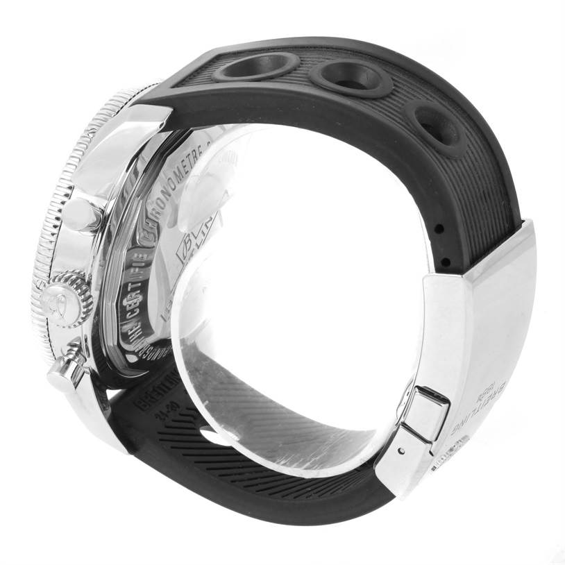 The image shows the side profile and back of the Breitling Superocean A13320 Men's Stainless Steel Black Dial A13320 Men's Stainless Steel Black Dial watch, highlighting its case, bezel, crown, and strap.