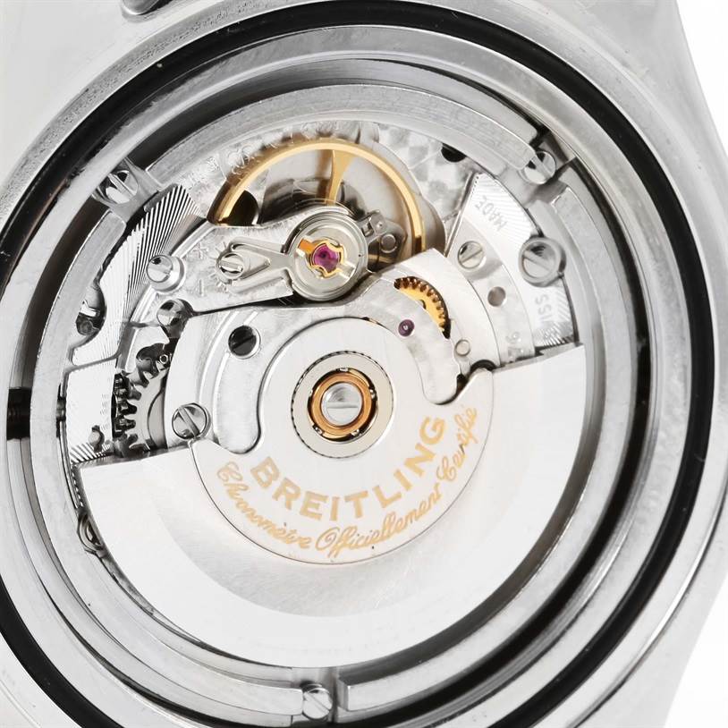 This image shows the intricate internal mechanism of a Breitling Superocean A17390 Men's Stainless Steel Black Dial A17390 Men's Stainless Steel Black Dial watch from a close-up, rear angle.