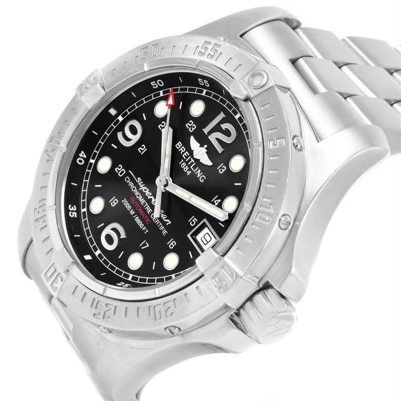 This image shows the Breitling Superocean A17390 Men's Stainless Steel Black Dial A17390 Men's Stainless Steel Black Dial watch from an angled view, highlighting the face, bezel, and part of the metal bracelet.