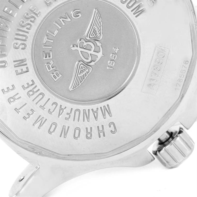 This image shows the back case and crown of a Breitling Superocean A17390 Men's Stainless Steel Black Dial A17390 Men's Stainless Steel Black Dial watch, highlighting its engraved branding and serial numbers.