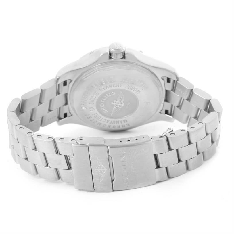 The image shows the back and clasp of a Breitling Superocean A17390 Men's Stainless Steel Black Dial A17390 Men's Stainless Steel Black Dial watch, highlighting the stainless steel bracelet and engraved case back.