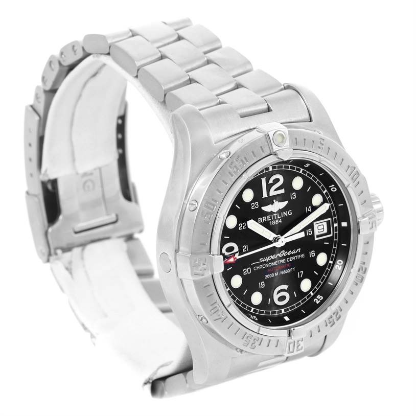The Breitling Superocean A17390 Men's Stainless Steel Black Dial A17390 Men's Stainless Steel Black Dial watch is shown at an angled side view, highlighting the face, bezel, and metal bracelet.