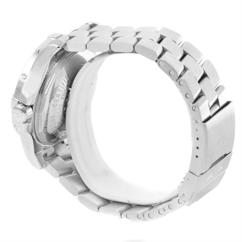 The image shows the side view and back case of a Breitling Superocean A17390 Men's Stainless Steel Black Dial A17390 Men's Stainless Steel Black Dial watch, along with its metal bracelet and clasp.