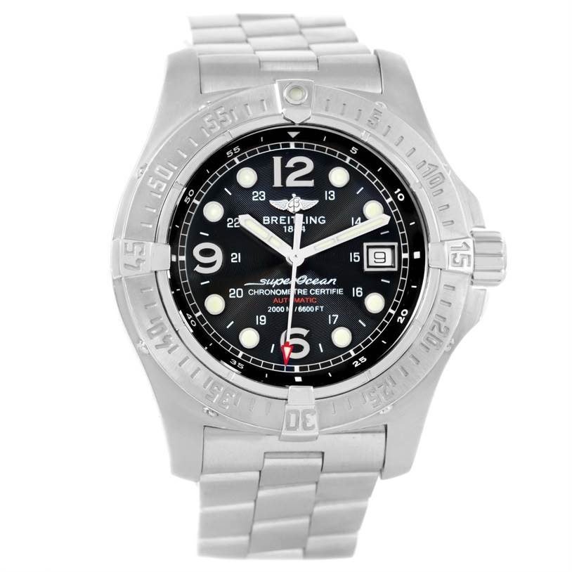 The image shows a front view of a Breitling Superocean A17390 Men's Stainless Steel Black Dial A17390 Men's Stainless Steel Black Dial watch, including its face, bezel, crown, and bracelet.