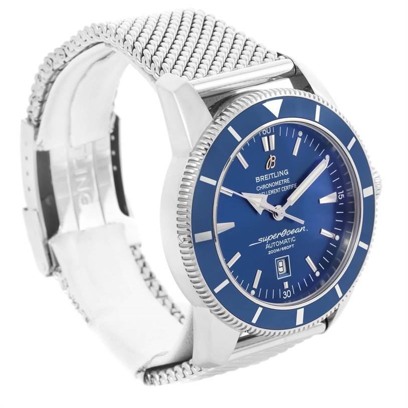 The Breitling Superocean A17320 Men's Stainless Steel Blue Dial A17320 Men's Stainless Steel Blue Dial watch is shown at a three-quarter angle, highlighting its blue dial, bezel, and stainless steel mesh bracelet.