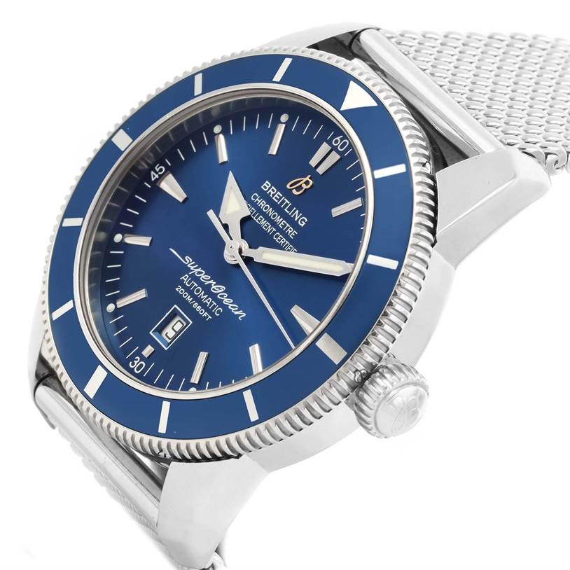 The image shows a Breitling Superocean A17320 Men's Stainless Steel Blue Dial A17320 Men's Stainless Steel Blue Dial watch at an angled view, highlighting its blue dial, bezel, and mesh strap.