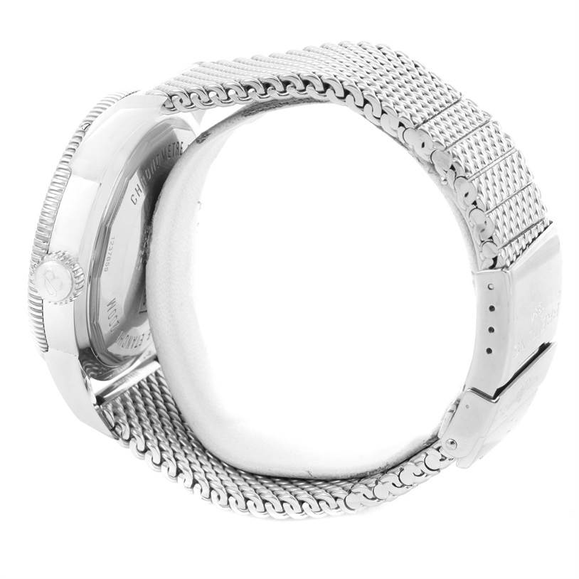 The image shows a side profile of the Breitling Superocean A17320 Men's Stainless Steel Blue Dial A17320 Men's Stainless Steel Blue Dial watch, highlighting the mesh bracelet and clasp.