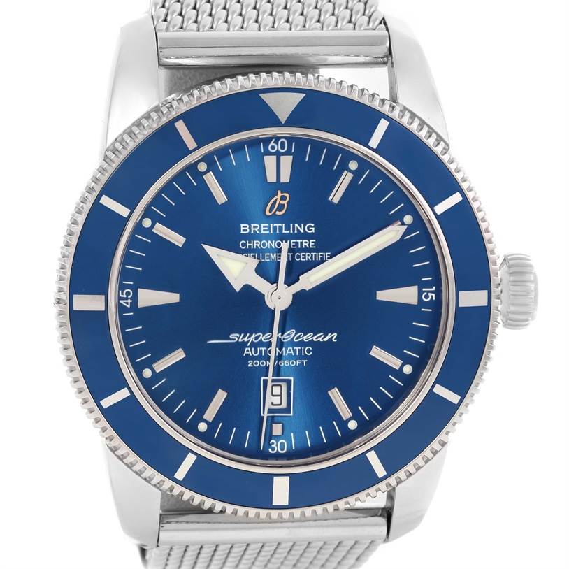 This image shows a front view of a Breitling Superocean A17320 Men's Stainless Steel Blue Dial A17320 Men's Stainless Steel Blue Dial watch, highlighting its blue dial, bezel, and stainless steel mesh band.