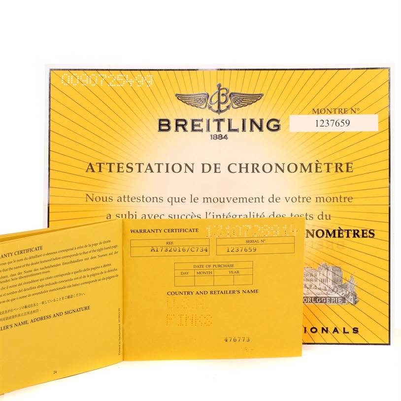 The image shows the warranty certificate and chronometer attestation for the Breitling Superocean A17320 Men's Stainless Steel Blue Dial A17320 Men's Stainless Steel Blue Dial watch model.
