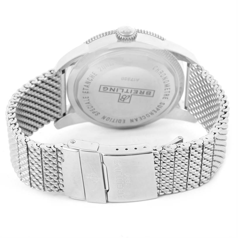 The image shows the backside of a Breitling Superocean A17320 Men's Stainless Steel Blue Dial A17320 Men's Stainless Steel Blue Dial watch, highlighting the case back and metal bracelet with its clasp.