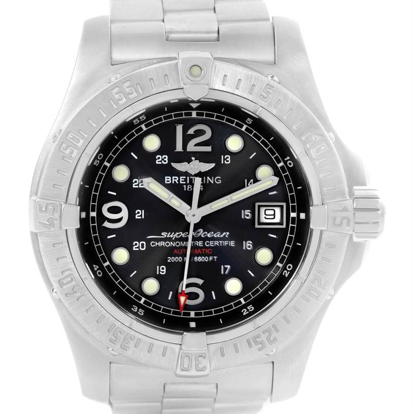 The image shows a front view of a Breitling Superocean A17390 Men's Stainless Steel Black Dial A17390 Men's Stainless Steel Black Dial watch, highlighting the dial, bezel, and band.