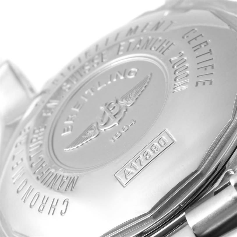 The image shows the case back of the Breitling Superocean A17390 Men's Stainless Steel Black Dial A17390 Men's Stainless Steel Black Dial watch, highlighting the engraved brand logo and model number.