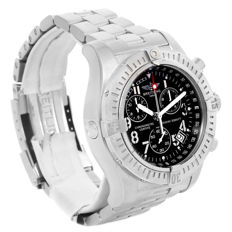 The image shows a Breitling Avenger A73390 Men's Stainless Steel Black Dial A73390 Men's Stainless Steel Black Dial watch from a three-quarter angle, displaying its face, bezel, and metal bracelet.