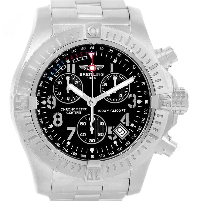 The image shows a front view of the Breitling Avenger A73390 Men's Stainless Steel Black Dial A73390 Men's Stainless Steel Black Dial watch, highlighting its dial, bezel, and bracelet.