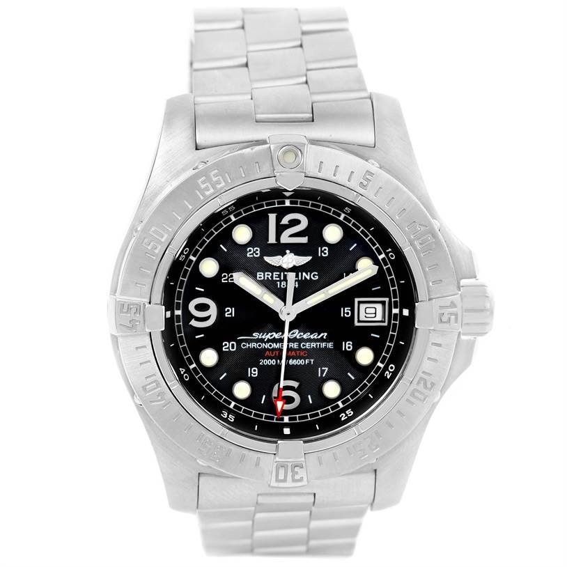 This image shows a Breitling Superocean A17390 Men's Stainless Steel Black Dial A17390 Men's Stainless Steel Black Dial watch front-on, highlighting its black dial, bezel, and stainless steel bracelet.