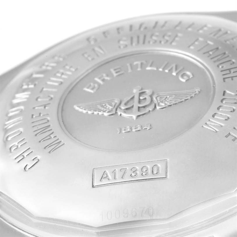 The image shows the back case of a Breitling Superocean A17390 Men's Stainless Steel Black Dial A17390 Men's Stainless Steel Black Dial watch with engravings including the model number A17390.