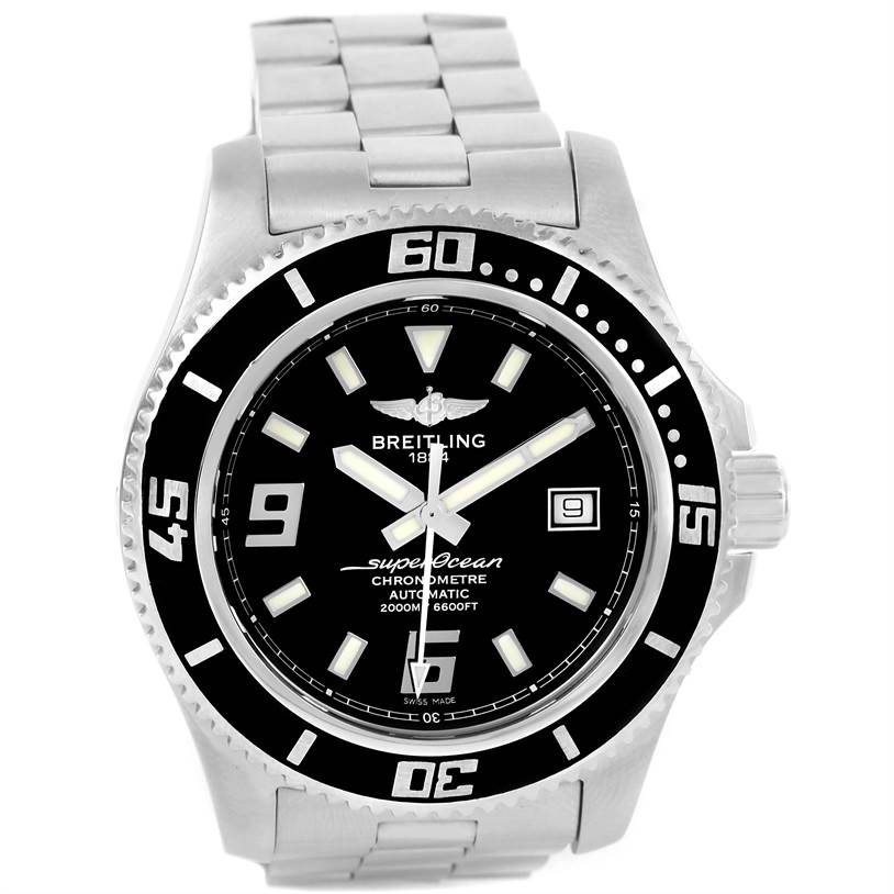 This Breitling Superocean A17391 Men's Stainless Steel Black Dial A17391 Men's Stainless Steel Black Dial watch is shown from a front angle, featuring the dial, bezel, crown, and part of the metal bracelet.