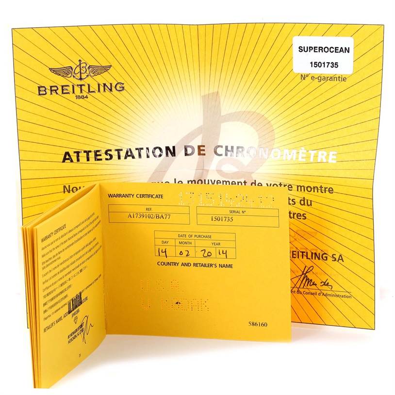 The image shows the warranty certificate and chronometer attestation for a Breitling Superocean A17391 Men's Stainless Steel Black Dial A17391 Men's Stainless Steel Black Dial watch.