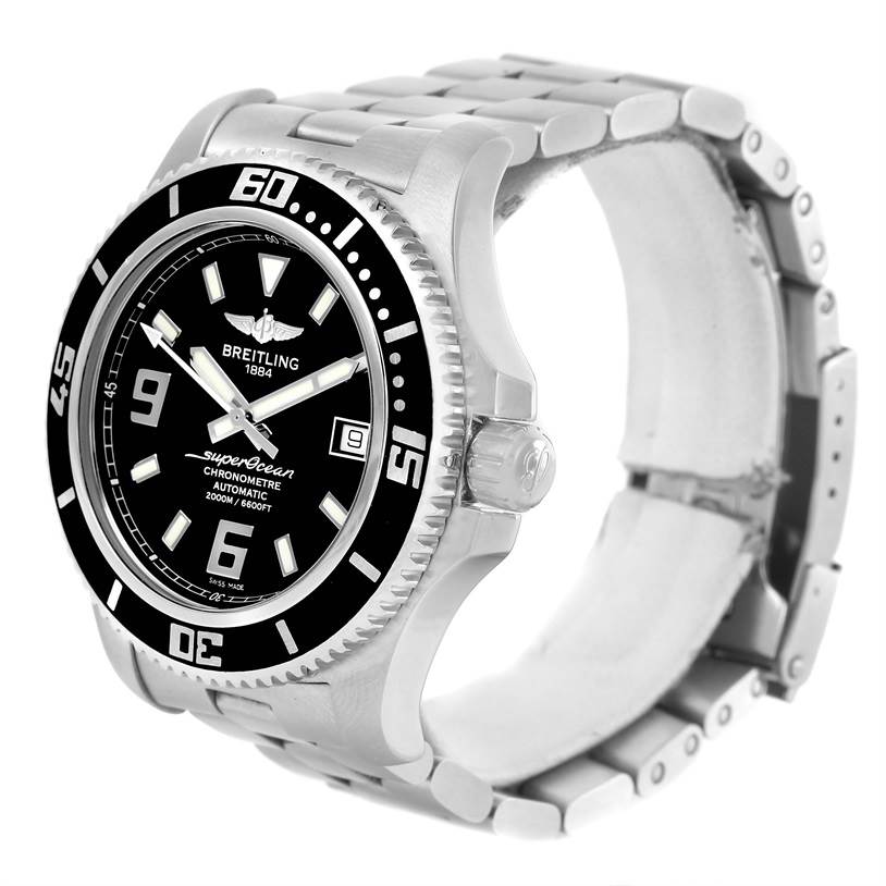 The image shows a Breitling Superocean A17391 Men's Stainless Steel Black Dial A17391 Men's Stainless Steel Black Dial watch at an angle highlighting the face, bezel, crown, and bracelet.
