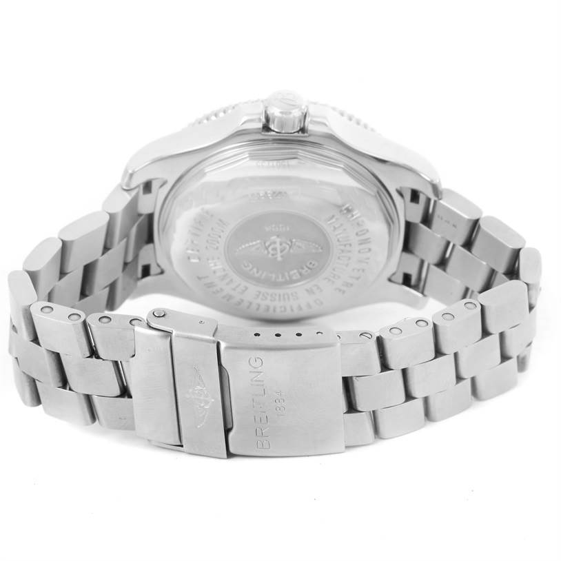 The image shows the back case, crown, and stainless steel bracelet of the Breitling Superocean A17391 Men's Stainless Steel Black Dial A17391 Men's Stainless Steel Black Dial watch.