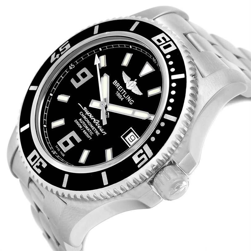 The image shows a close-up angled view of a Breitling Superocean A17391 Men's Stainless Steel Black Dial A17391 Men's Stainless Steel Black Dial watch, displaying the dial, bezel, and part of the bracelet.