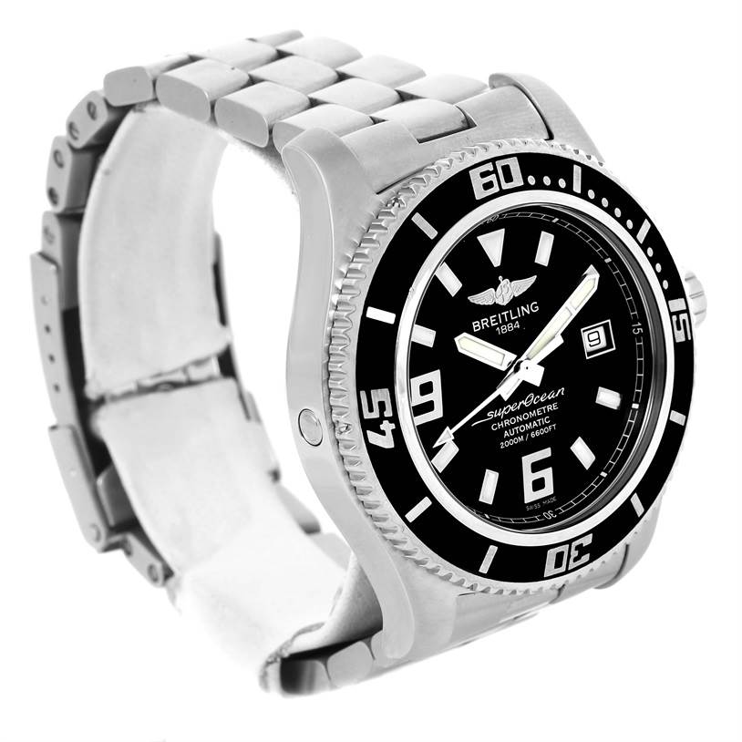 The Breitling Superocean A17391 Men's Stainless Steel Black Dial A17391 Men's Stainless Steel Black Dial watch is shown at an angled side view, displaying the dial, bezel, case, and part of the bracelet.