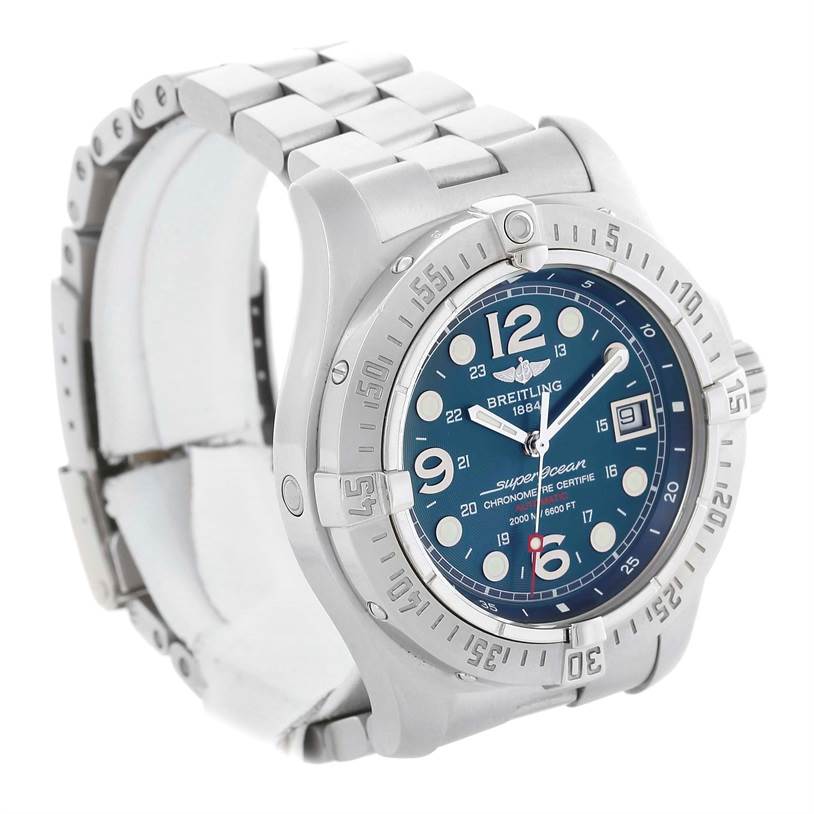 This image shows the front and side angle of a Breitling Superocean A17390 Men's Stainless Steel Blue Dial A17390 Men's Stainless Steel Blue Dial watch, highlighting its dial, bezel, and metal bracelet.