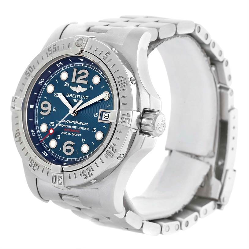 The image shows a Breitling Superocean A17390 Men's Stainless Steel Blue Dial A17390 Men's Stainless Steel Blue Dial watch from a front-left angle, displaying the face, bezel, crown, and part of the bracelet.