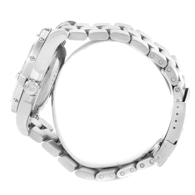 The image shows a side profile of a Breitling Superocean A17390 Men's Stainless Steel Blue Dial A17390 Men's Stainless Steel Blue Dial watch, focusing on the case, crown, and metal bracelet.