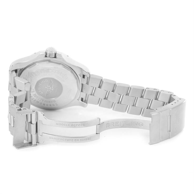 The image shows the back case and open bracelet clasp of a Breitling Superocean A17390 Men's Stainless Steel Blue Dial A17390 Men's Stainless Steel Blue Dial watch from a rear angle.