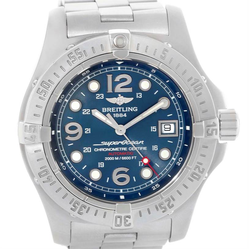This image shows a front view of a Breitling Superocean A17390 Men's Stainless Steel Blue Dial A17390 Men's Stainless Steel Blue Dial watch, highlighting its face, bezel, and bracelet.