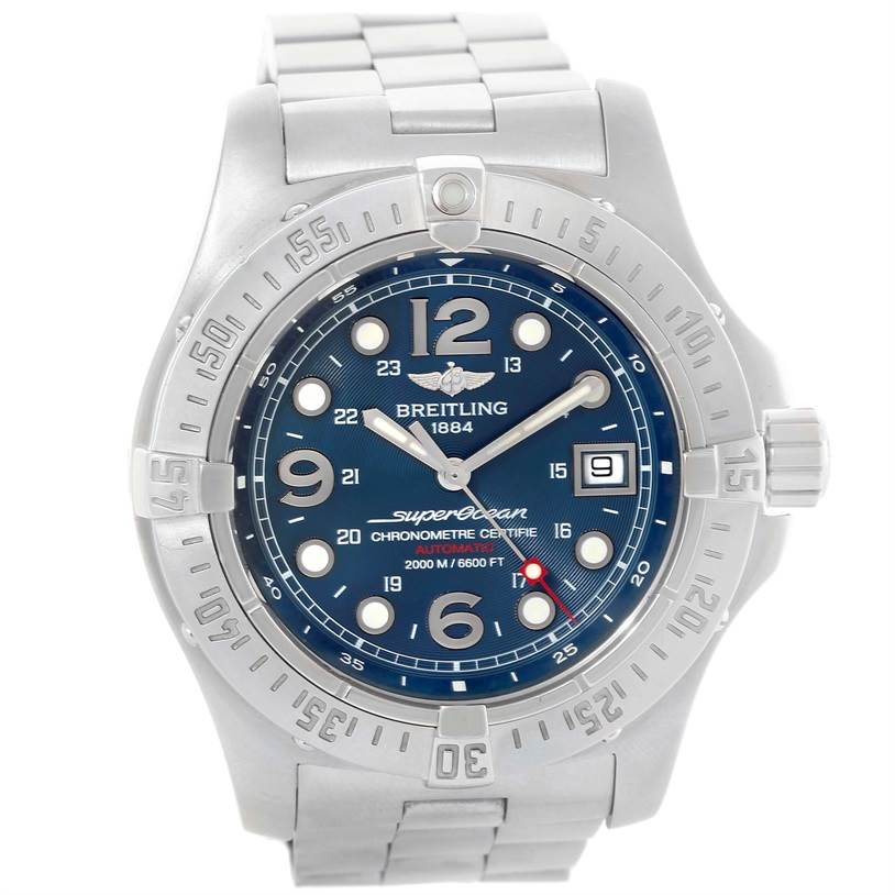 The image shows a front view of a Breitling Superocean A17390 Men's Stainless Steel Blue Dial A17390 Men's Stainless Steel Blue Dial watch with a silver bracelet, displaying its face, bezel, and crown.