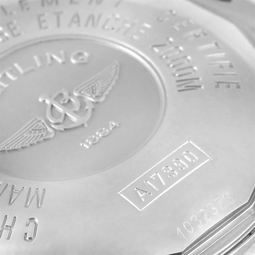 This image shows the back case of a Breitling Superocean A17390 Men's Stainless Steel Blue Dial A17390 Men's Stainless Steel Blue Dial watch, highlighting the brand logo and model details.