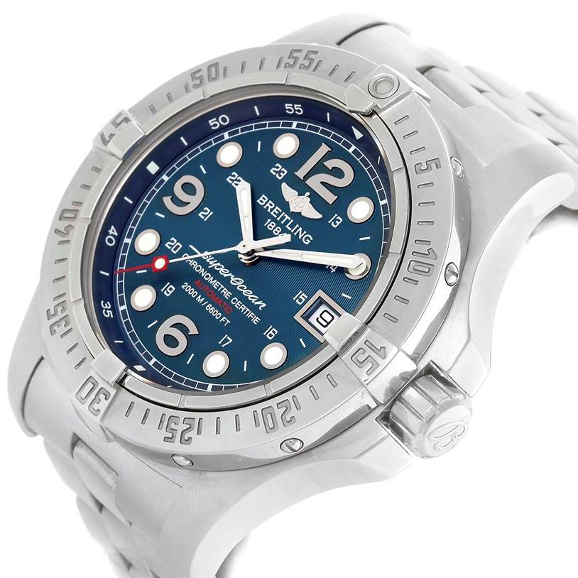 The image shows a Breitling Superocean A17390 Men's Stainless Steel Blue Dial A17390 Men's Stainless Steel Blue Dial watch at an angled close-up, highlighting the dial, bezel, crown, and bracelet.