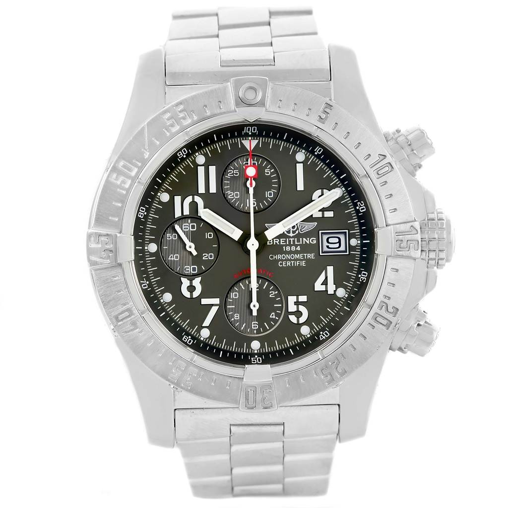 The image shows a front view of a Breitling Avenger A13381 Men's Stainless Steel Grey Dial A13381 Men's Stainless Steel Grey Dial watch, highlighting the dial, bezel, crown, pushers, and metal bracelet.