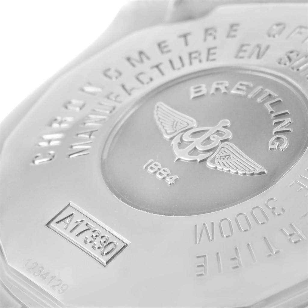 The image shows the case back of the Breitling Avenger A17330 Men's Stainless Steel Yellow Dial A17330 Men's Stainless Steel Yellow Dial watch at a close-up angle, highlighting model details and specifications.