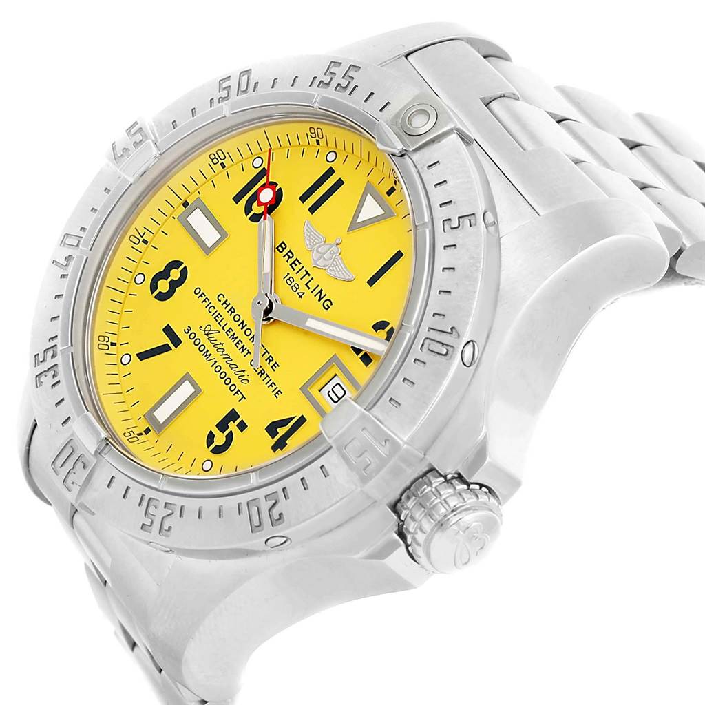 The image shows a Breitling Avenger A17330 Men's Stainless Steel Yellow Dial A17330 Men's Stainless Steel Yellow Dial watch, highlighting its yellow dial, stainless steel case, rotating bezel, and stainless steel bracelet.