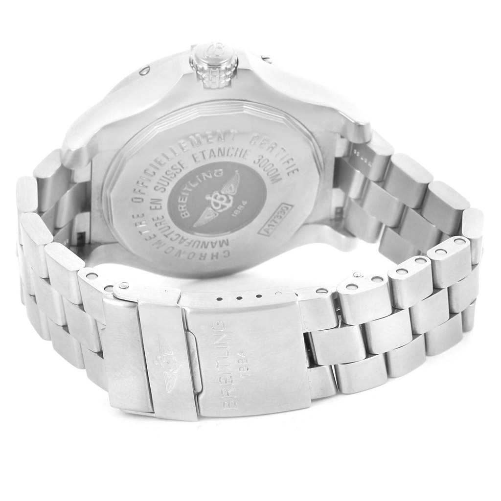 The image shows the back case and metal bracelet of a Breitling Avenger A17330 Men's Stainless Steel Yellow Dial A17330 Men's Stainless Steel Yellow Dial watch, highlighting the clasp and detailed engravings.