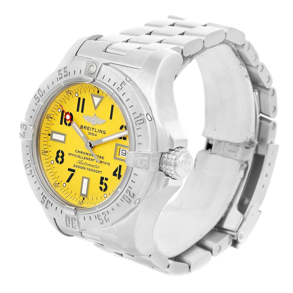 The image shows a Breitling Avenger A17330 Men's Stainless Steel Yellow Dial A17330 Men's Stainless Steel Yellow Dial watch from a side angle, featuring its bracelet, bezel, crown, and yellow dial.