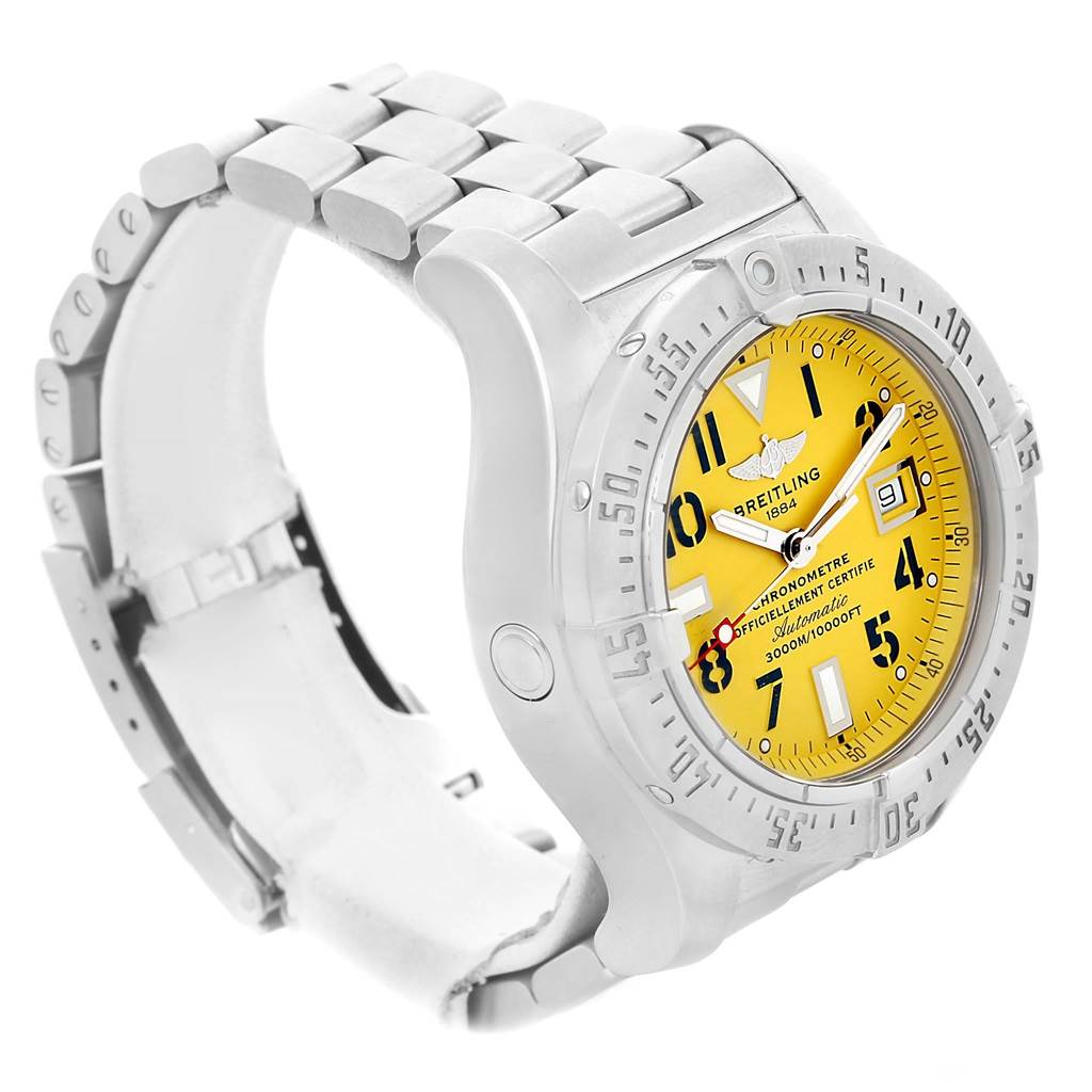 The image shows a side angle of the Breitling Avenger A17330 Men's Stainless Steel Yellow Dial A17330 Men's Stainless Steel Yellow Dial watch, highlighting its yellow dial, bezel, and metal bracelet.