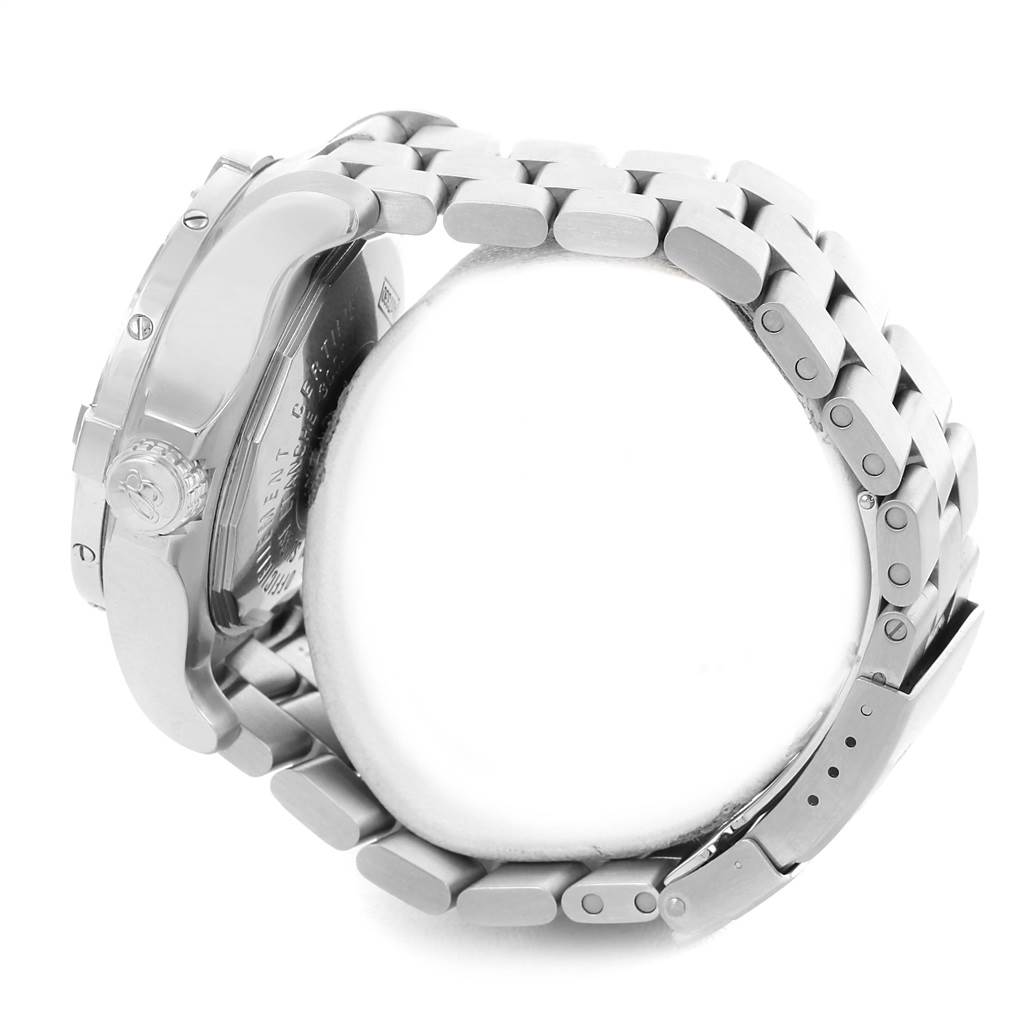 This image shows a side view of a Breitling Avenger A17330 Men's Stainless Steel Yellow Dial A17330 Men's Stainless Steel Yellow Dial watch, featuring its metal bracelet and case.