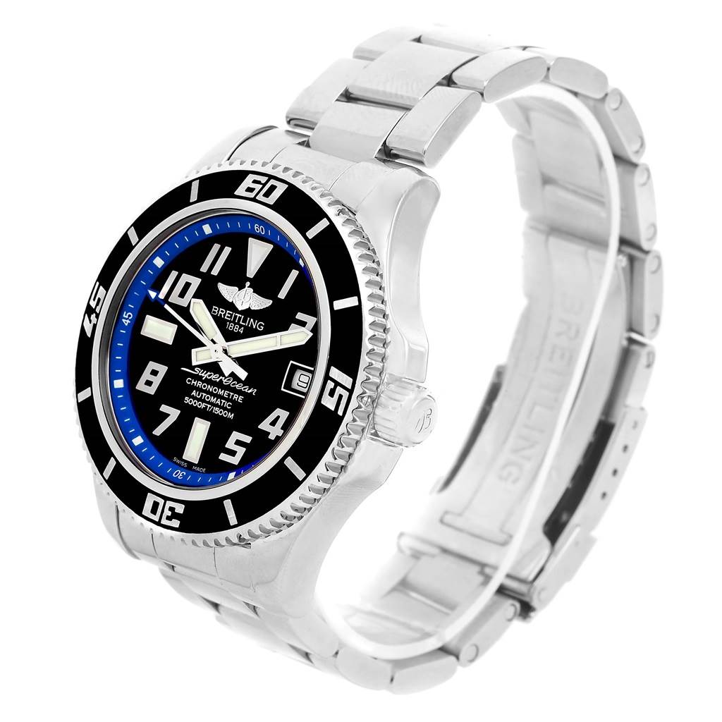 The Breitling Superocean A17364 Men's Stainless Steel Black Dial A17364 Men's Stainless Steel Black Dial watch is shown at a slight side angle, highlighting the bezel, dial, crown, and metal bracelet.
