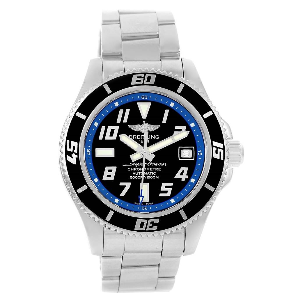 This image shows a front view of a Breitling Superocean A17364 Men's Stainless Steel Black Dial A17364 Men's Stainless Steel Black Dial watch displaying its bezel, dial, and stainless steel bracelet.