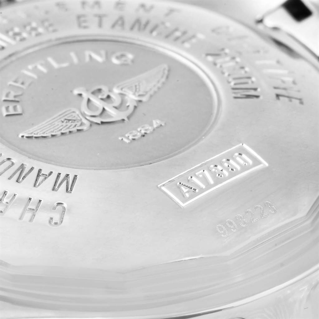 The image shows a close-up of the case back of a Breitling Superocean A17390 Men's Stainless Steel Silver Dial A17390 Men's Stainless Steel Silver Dial watch, displaying engraved branding and model details.